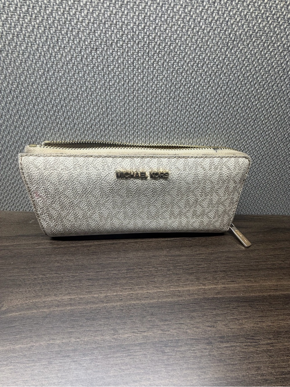 Michael Kors Metallic Silver Logo Zip Cosmetic Pouch